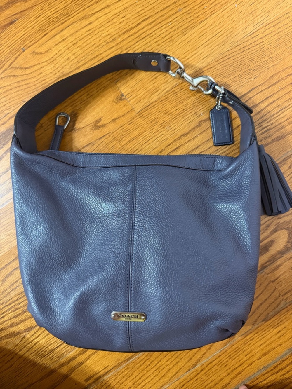 Coach Pebbled Leather Shoulder Bag in Charcoal/Purple
